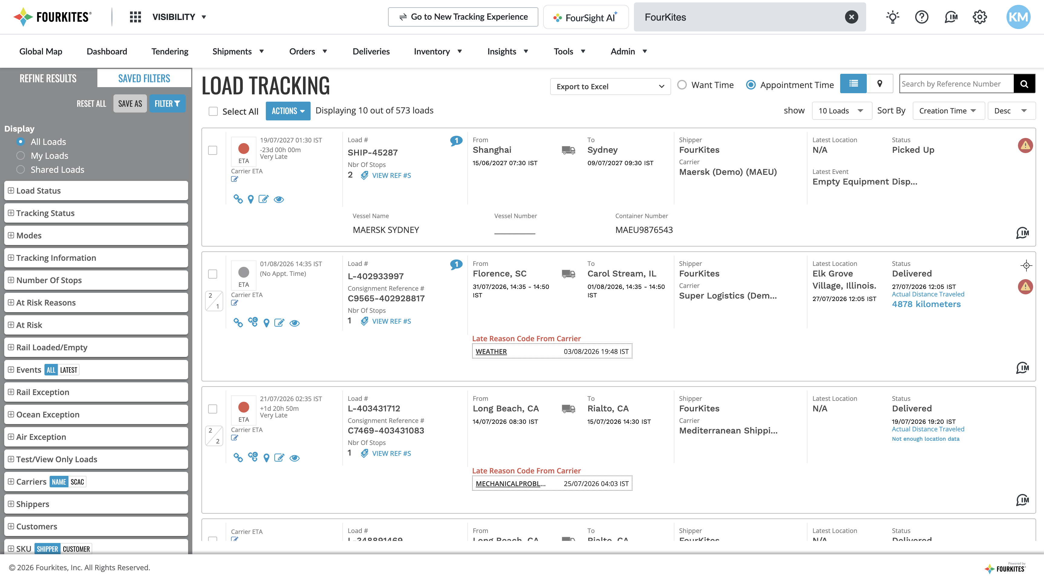 Classic FourKites tracking UI, before the redesign