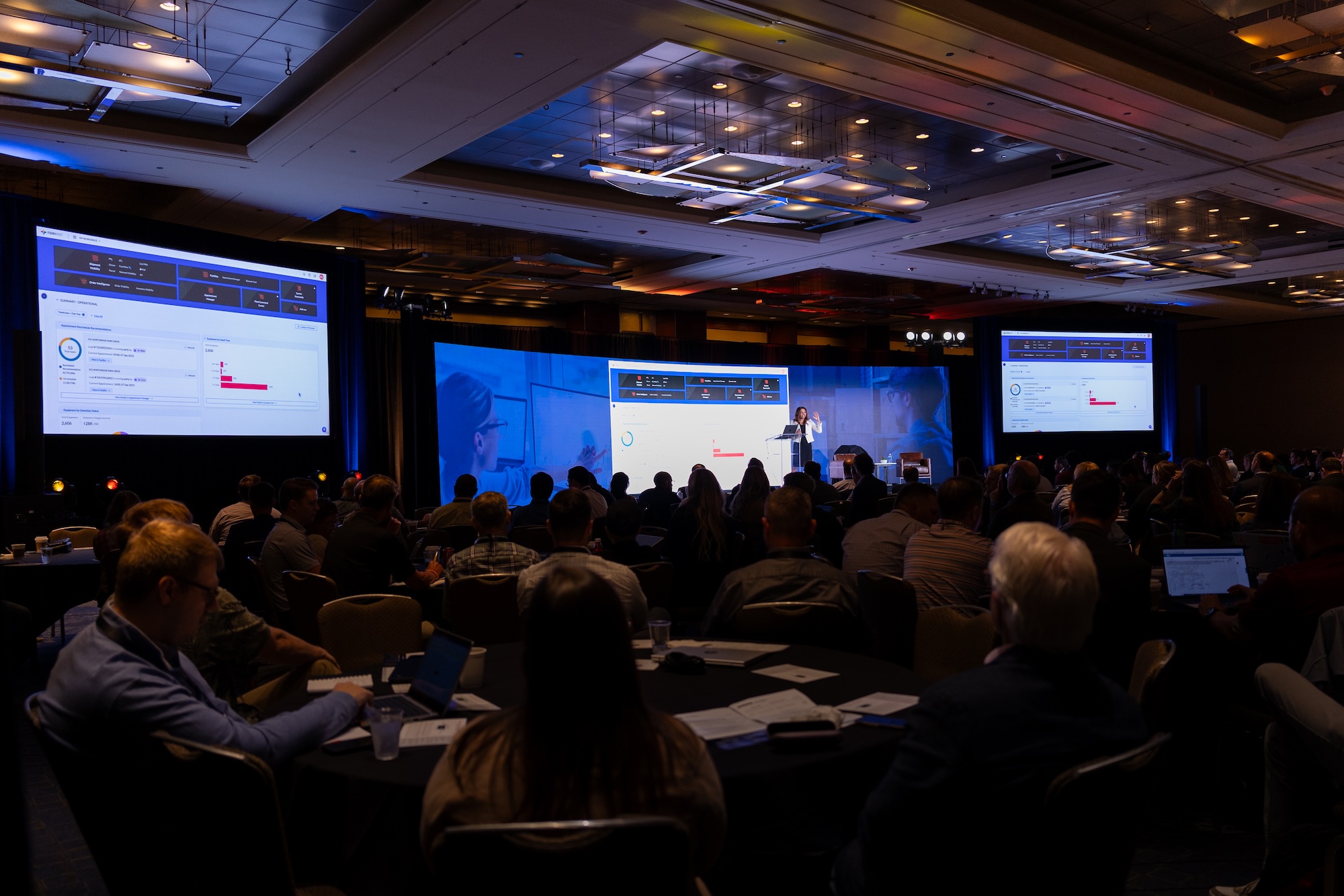 The My Workspace dashboard is shown on large screens during a FourKites conference presentation.